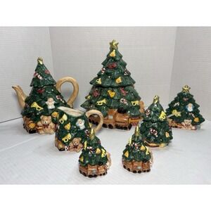 RARE! Vintage 1995 Jay Import Christmas Tree Tea Teapot Creamer Cookie Jar Set